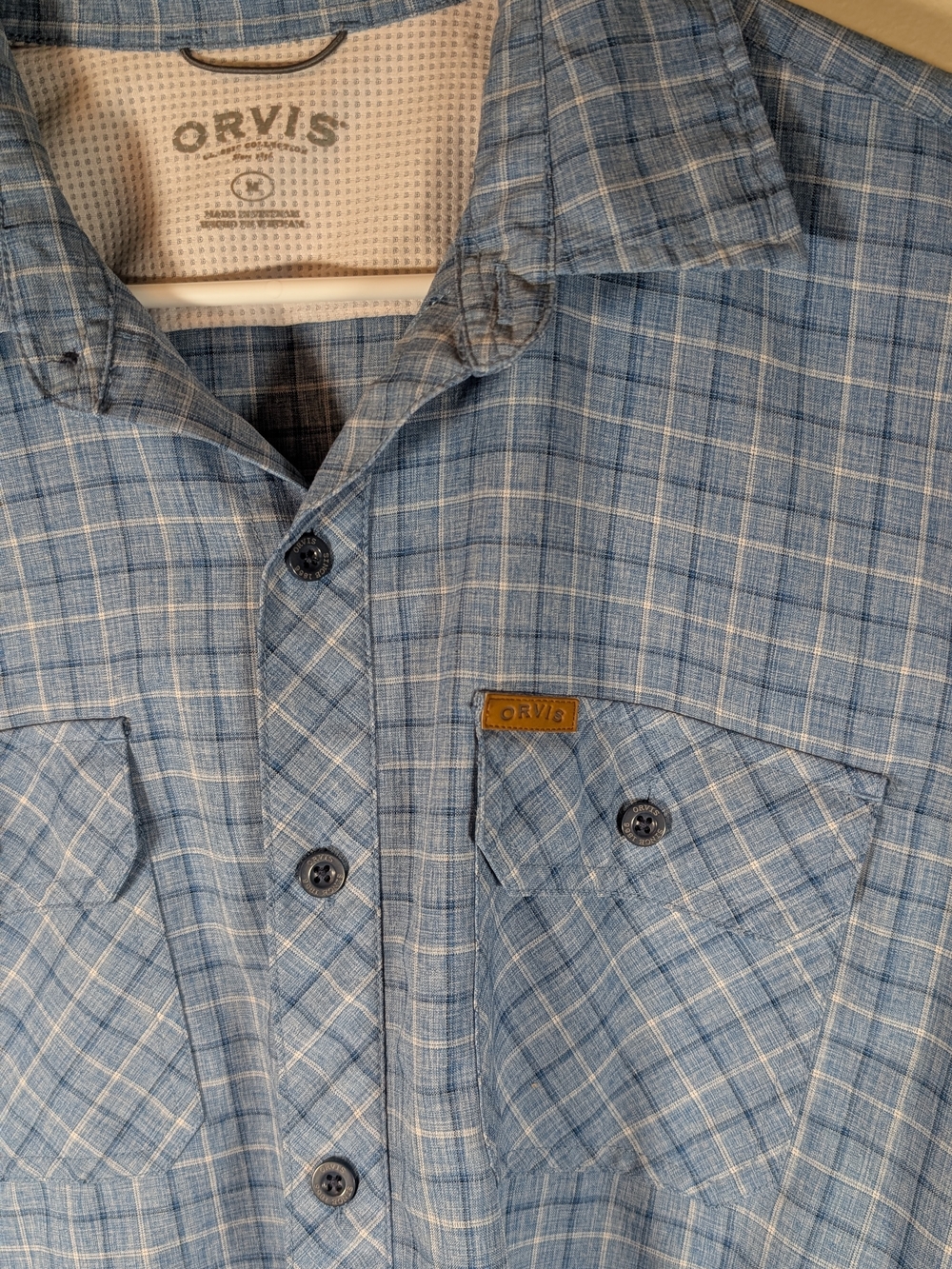 Orvis Short Sleeve Button Down Shirt Mens Blue Plaid Fishing Outdoor Casual